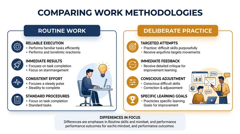 Cognitive research shows that simply performing a job does not automatically build new capabilities without deliberate practice.
