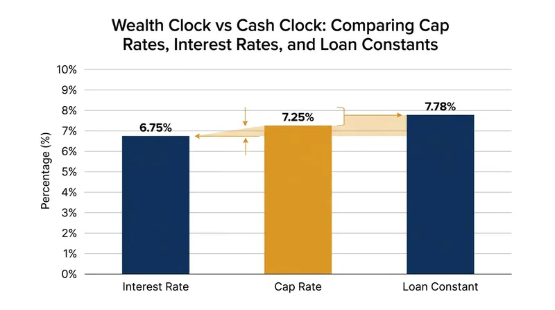 A property can simultaneously build wealth (cap rate > interest rate) while draining cash (cap rate < loan constant).