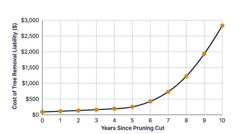 As heartwood decay progresses vertically through the trunk, the cost to safely remove the hazard tree scales rapidly.
