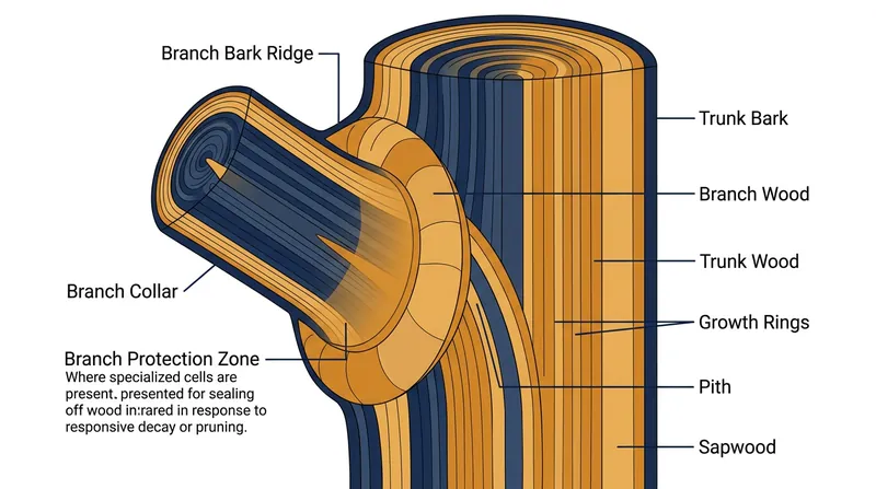 The branch collar contains specialized cells that plug vascular tissue and release toxic phenols to stop fungal decay.