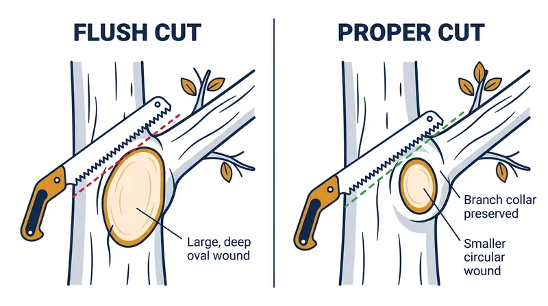A flush cut creates a massive oval wound that bypasses the tree's defenses, while a proper cut leaves a smaller, sealable circle.