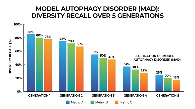 Diversity recall drops progressively across generations in an autophagous training loop.