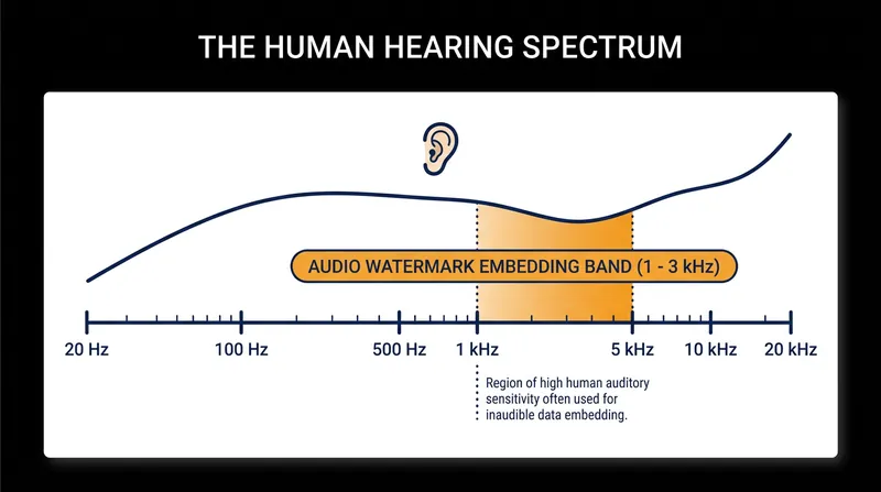 Broadcast watermarks are typically embedded in the 1 to 3 kHz band, sitting squarely in the middle of the human hearing spectrum.
