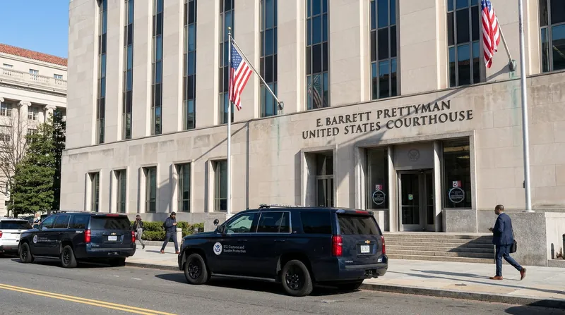 Exterior view of a federal courthouse building with stone columns in Washington D.C.