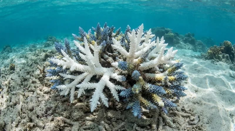 Illustration: Once the algae are expelled, the coral stops growing and begins to starve, relying entirely on limited lipid reserves.