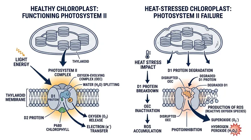 Thermal stress disrupts the D1 protein, causing the photosynthetic machinery to produce toxic oxygen radicals instead of energy.