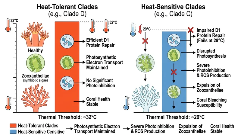 Certain genetic strains of symbiotic algae can maintain protein repair at higher temperatures, providing their hosts with a higher bleaching threshold.