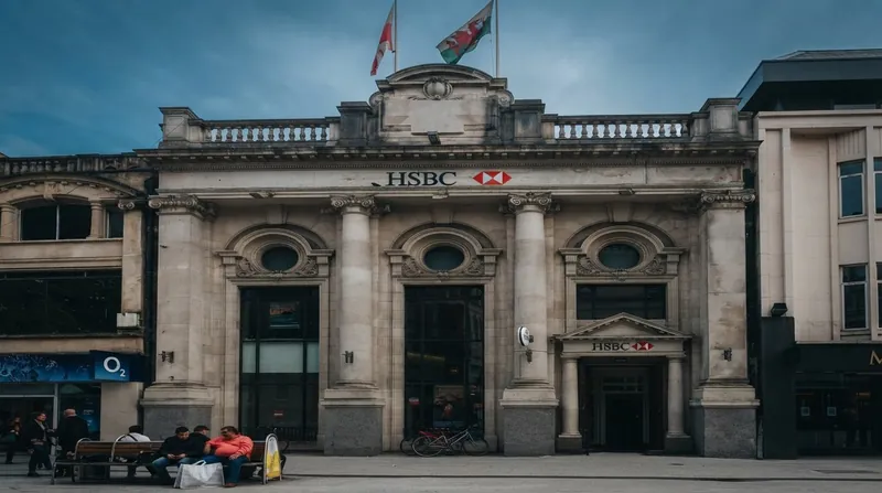 Exterior view of a modern HSBC bank branch in London's financial district.