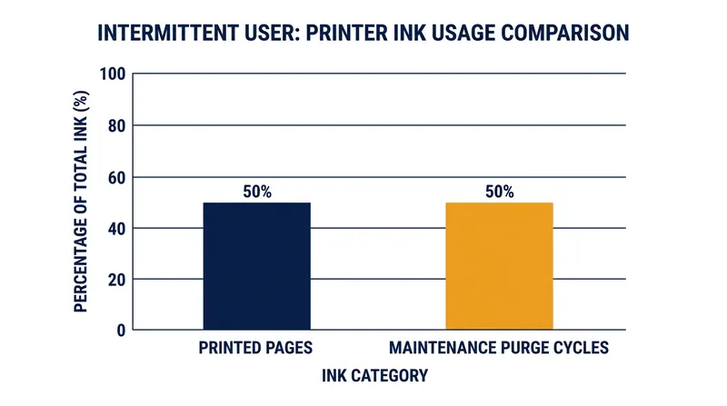 Intermittent printing triggers aggressive maintenance cycles that can consume half of a cartridge's volume.