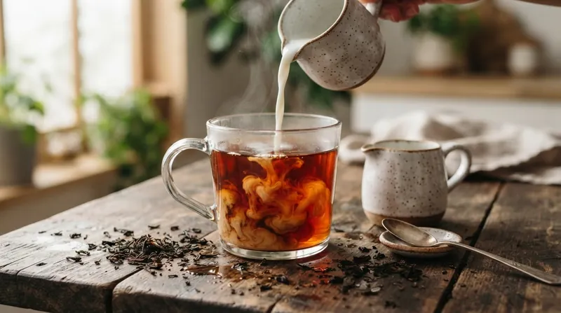 Illustration: Adding milk introduces casein proteins, which bind to tea tannins before they can precipitate the mouth's natural saliva.