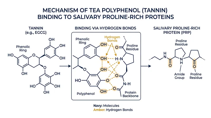 Tannins in tea bind directly to the proline residues of salivary proteins, forming insoluble complexes.