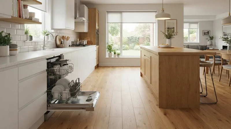 Illustration: Proper aisle width allows multiple people to use the kitchen without bottlenecking at the dishwasher.