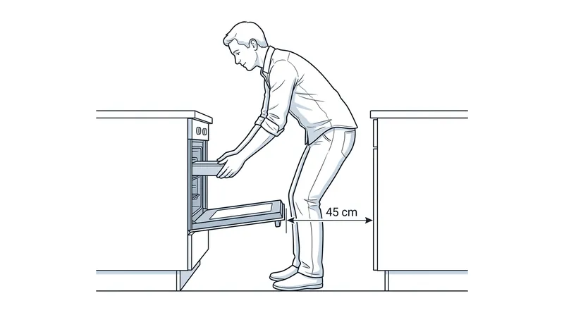 The 45-centimeter safety margin ensures a cook can bend and lift heavy items without striking the opposite counter.