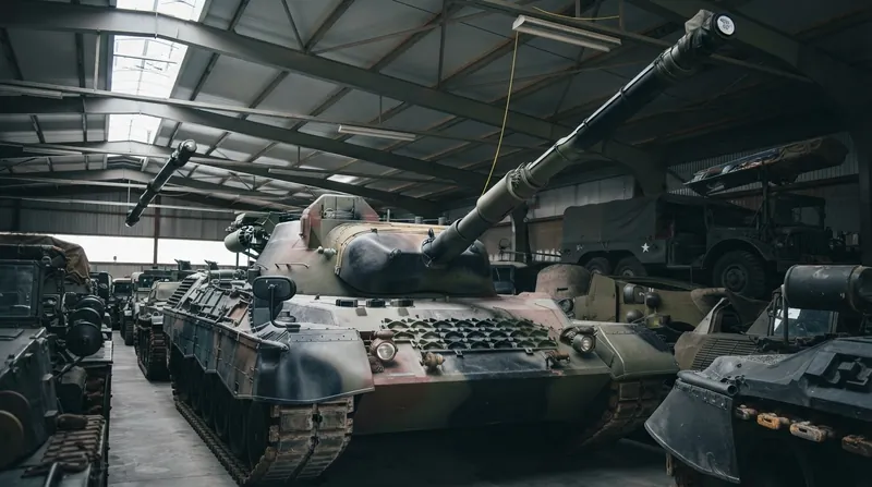 A line of modern German Leopard 2 main battle tanks advancing across a European training ground.