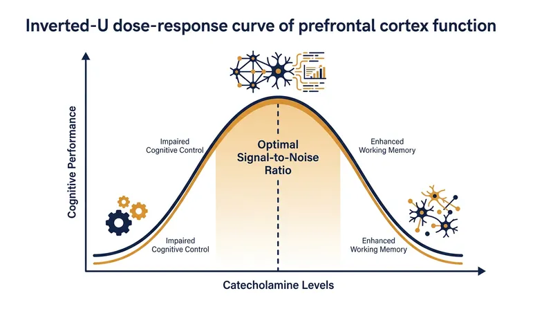 The prefrontal cortex operates on an inverted-U curve, where both too little and too much stimulation impair focus.