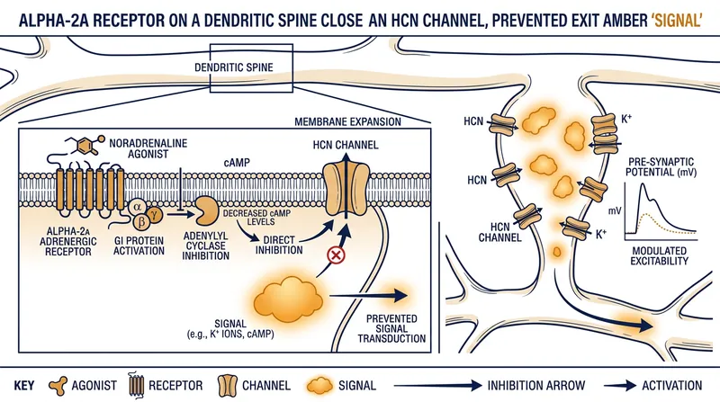 Norepinephrine binds to Alpha-2A receptors to close HCN channels, trapping relevant signals inside the network.
