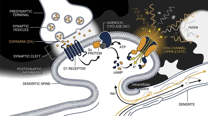 Dopamine binds to D1 receptors to open HCN channels, allowing distracting neural noise to leak out.