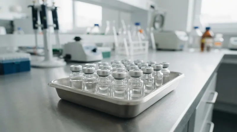 Medical professionals in sterile protective gear preparing a vaccine vial inside a modern clinical research facility.