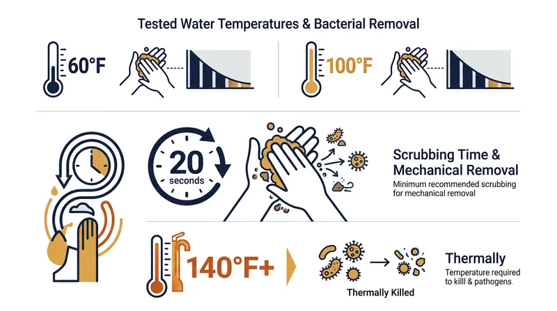 The temperature required to kill bacteria far exceeds what human skin can tolerate, making friction the primary driver of hygiene.