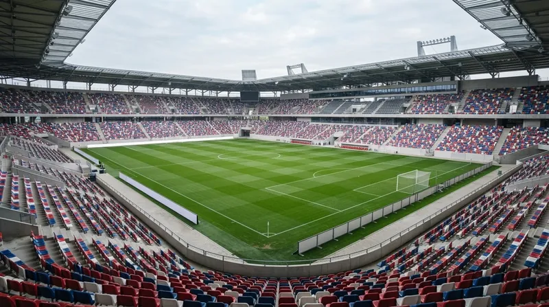A packed Bundesliga stadium with fans holding a massive 50+1 banner amid vibrant team colors.