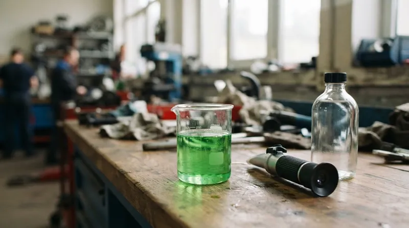 A mechanic in winter clothing pours bright green antifreeze from a plastic jug into the radiator of a car parked in a snowy driveway.