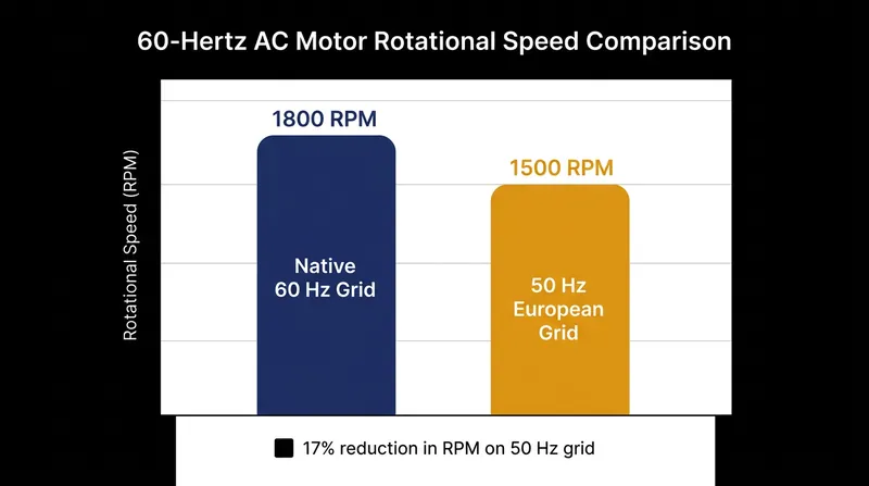 Even with a voltage converter, the 50-hertz frequency of foreign grids forces North American AC motors to run 17 percent slower.