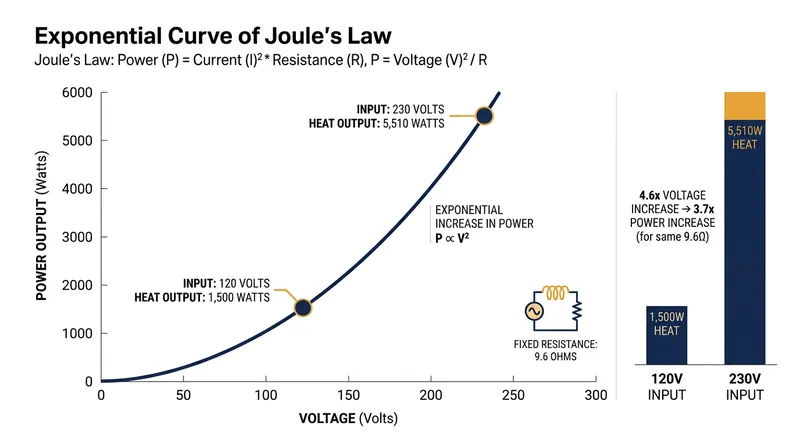 Because power scales with the square of the voltage, doubling the electrical pressure nearly quadruples the resulting heat.