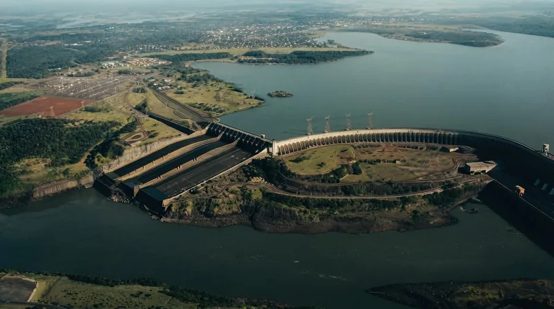 Aerial view of the massive concrete Itaipu Dam on the Paraná River with water flowing through spillways.