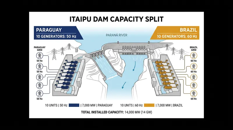 The dam's 20 generators are evenly divided between the two national frequency standards.