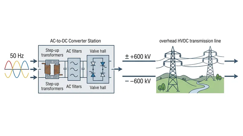 To bridge the incompatible grids, alternating current is rectified into direct current, erasing its frequency entirely.