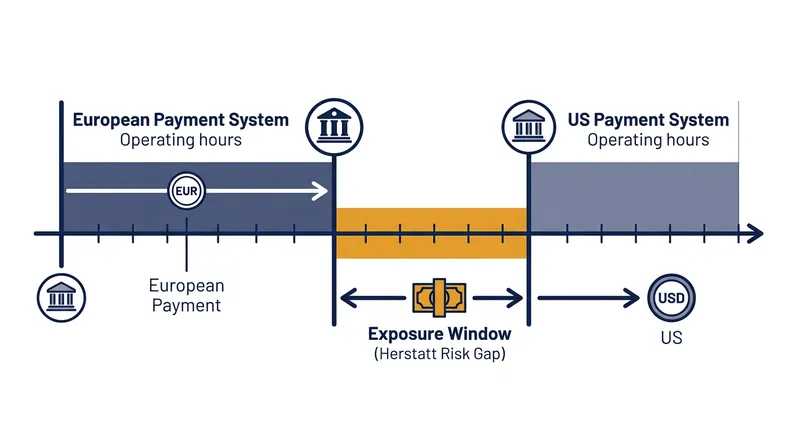Herstatt risk emerges when time zone differences force one party to deliver their currency hours before the counterparty's local market opens.