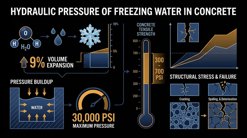 The force generated by freezing water inside a confined pore vastly exceeds the tensile strength of standard concrete.