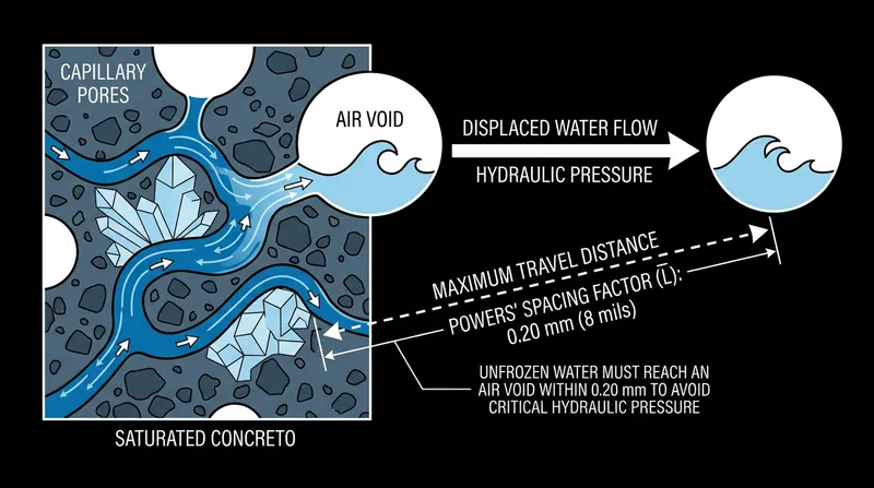Unfrozen water must reach an air void within 0.20 millimeters to dissipate hydraulic pressure before it fractures the paste.