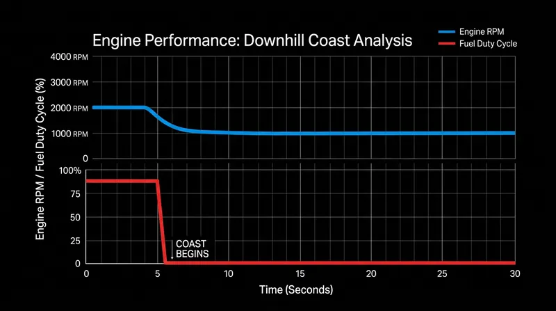 When the throttle closes and the vehicle is in gear, the fuel injectors shut off entirely despite the elevated engine speed.