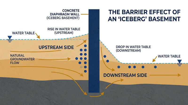 The barrier effect forces groundwater to the surface upstream while starving downstream soils of moisture.