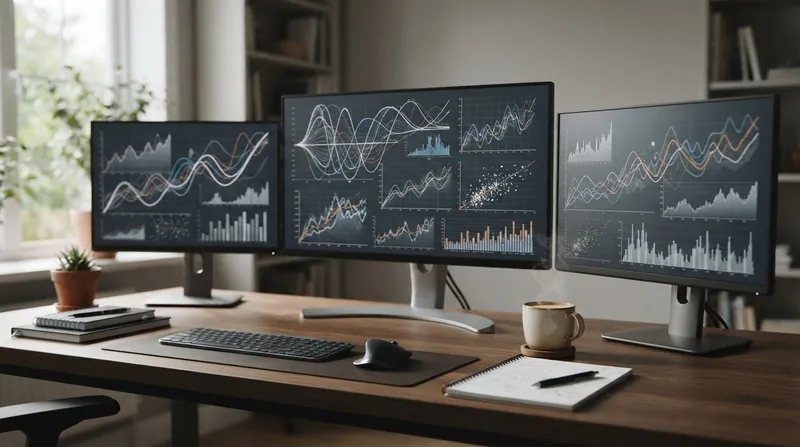 A data scientist's workspace with multiple monitors displaying complex time-series forecasting charts in a dark mode interface.