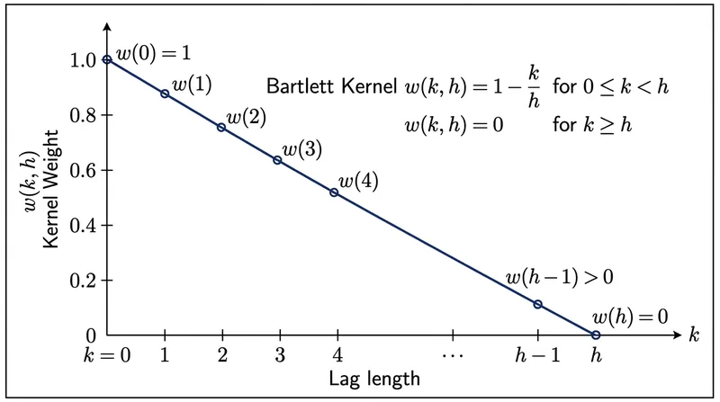 The Newey-West estimator applies declining weights to older autocovariances to compute the long-run variance.