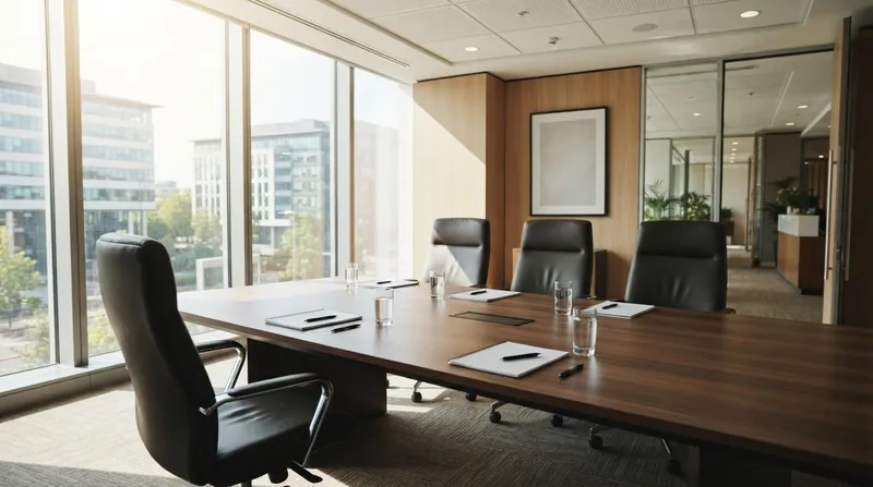 A single job candidate sits across a conference table facing three corporate interviewers in a modern office.