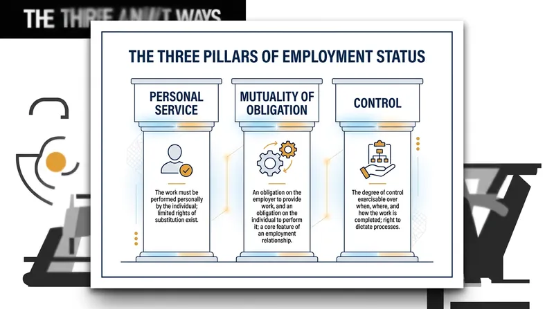 The three foundational tests used by tax authorities to determine employment status.
