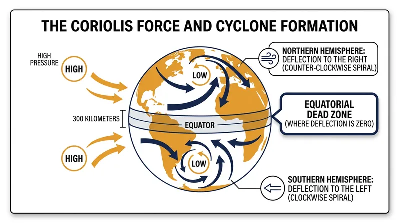 The Coriolis force deflects incoming winds into a spiral, but this rotational effect drops to zero at the equator.