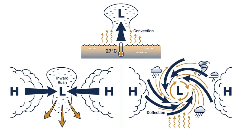 Without rotational deflection, high-pressure air rushes straight into the low-pressure center, equalizing the atmosphere and suffocating the storm.