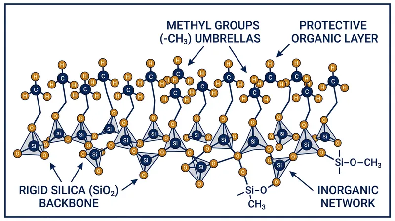 Methyl groups attached to the silica backbone create a hydrophobic barrier that prevents food from sticking.