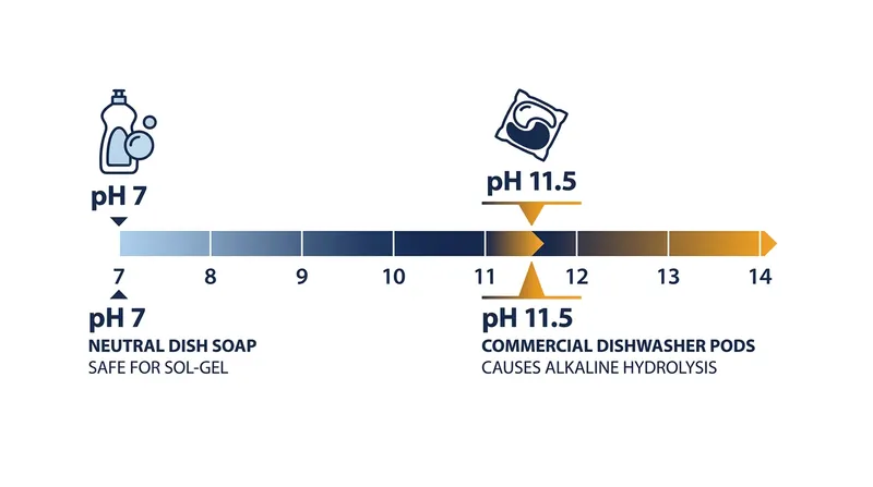 The high alkalinity of dishwasher detergents strips the methyl groups from the pan's surface.