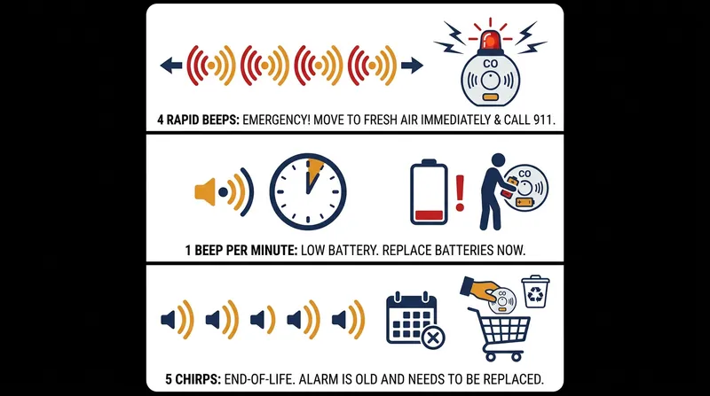 Modern alarms use distinct audio patterns to differentiate between a gas emergency, a low battery, and an expired sensor.
