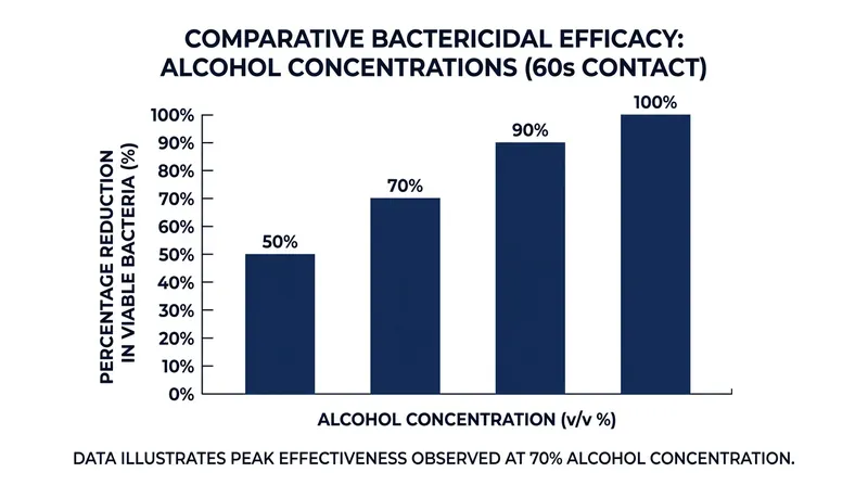 Bactericidal efficacy peaks at 70 percent and drops sharply as the concentration approaches absolute purity.