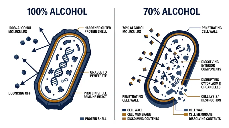 Absolute alcohol triggers a defensive protein shell, while a 70 percent solution acts as a Trojan horse.