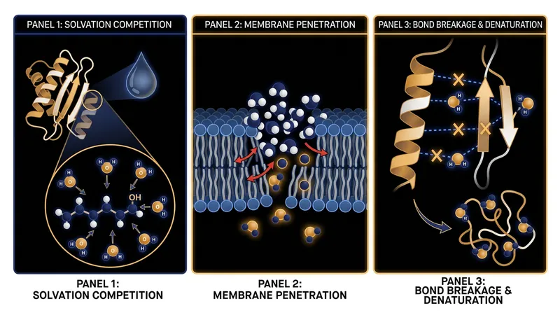 Water acts as a necessary chemical catalyst to break the hydrogen bonds holding microbial proteins together.