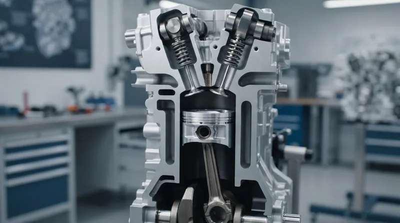 A detailed engineering cutaway rendering of a modern hybrid engine cylinder showing the internal valves.