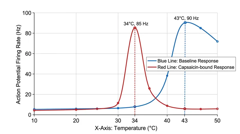 The presence of capsaicin shifts the entire thermal response curve of the nerve fiber downward by approximately nine degrees Celsius.