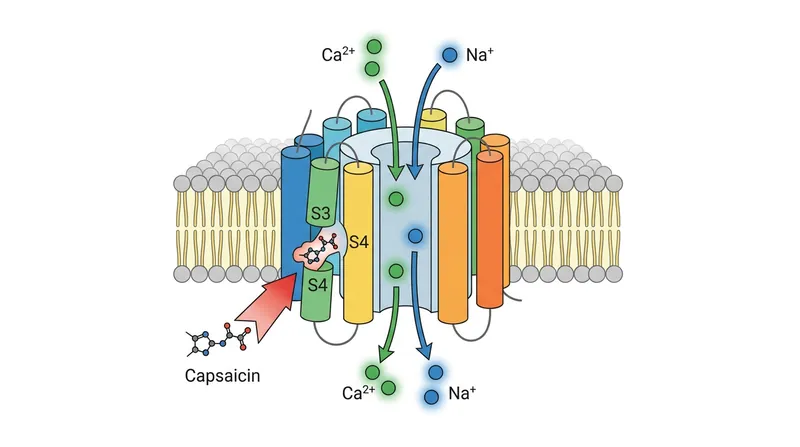 Capsaicin acts as an allosteric modulator, binding deep within the TRPV1 protein structure to destabilize its closed state.